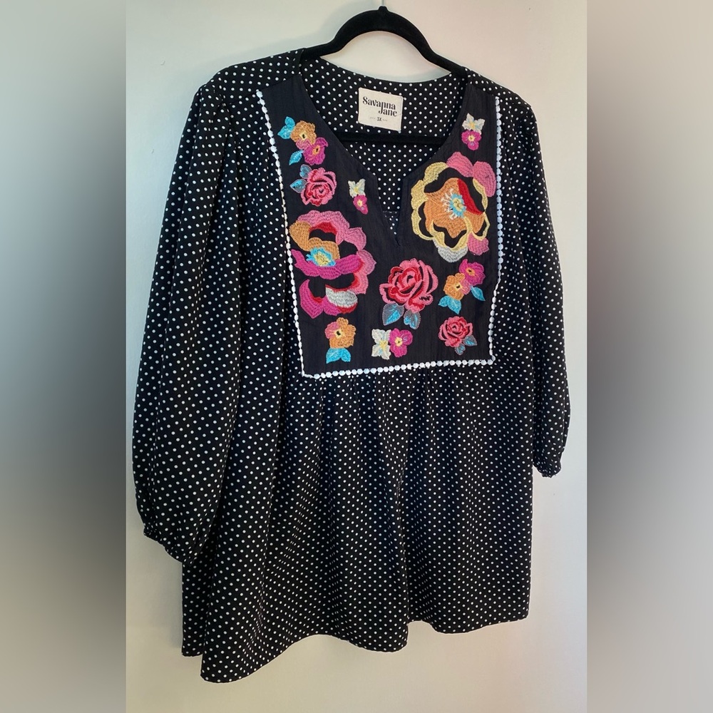 Savanna Jane Womens Black Embroidered Floral Boho Tunic Top Size 3X